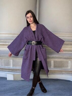 Oversized Purple Houndstooth Kimono Cardigan Wool Blend Boho Coat S/M